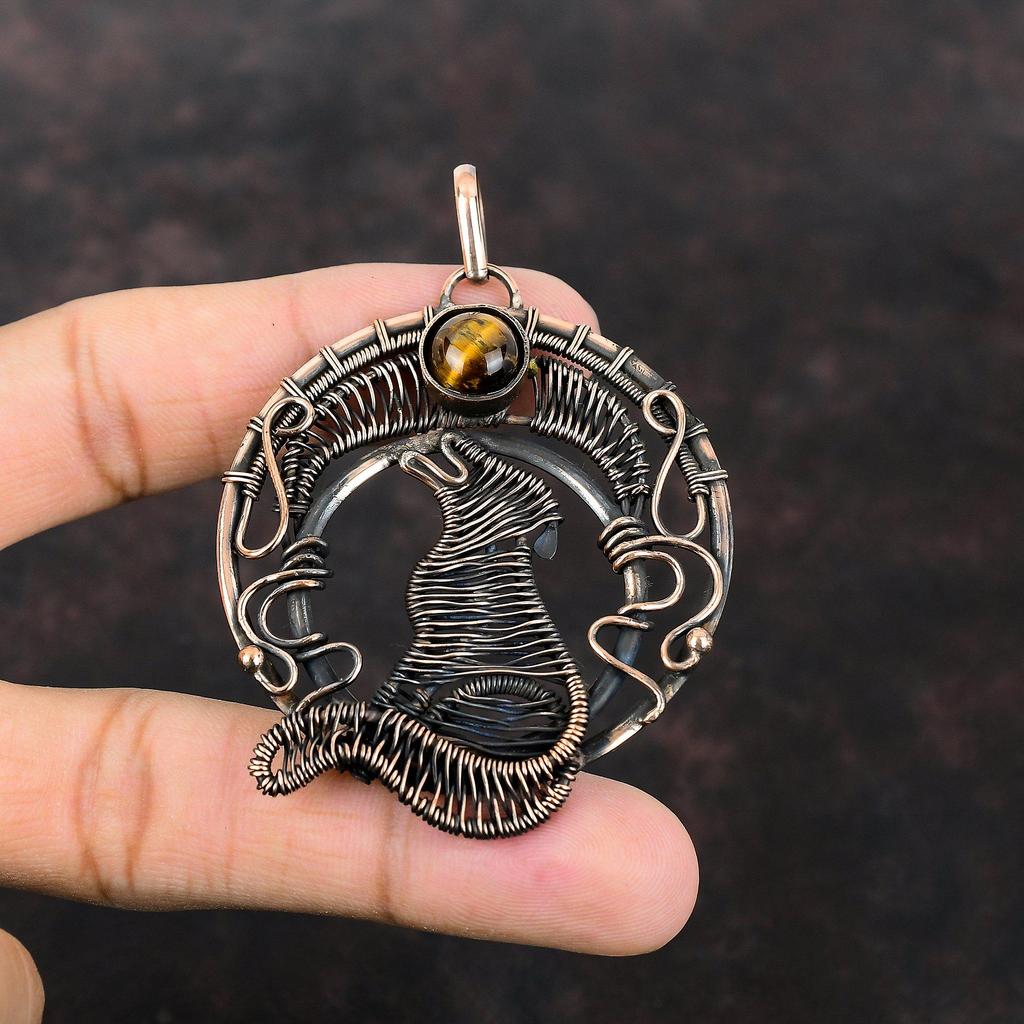 Tiger's Eye Pendant Copper Wire Wrapped Pendant Dog Pendant Original Gemstone Jewelry Handmade Pendant For Women Copper Jewelry Gift For Him