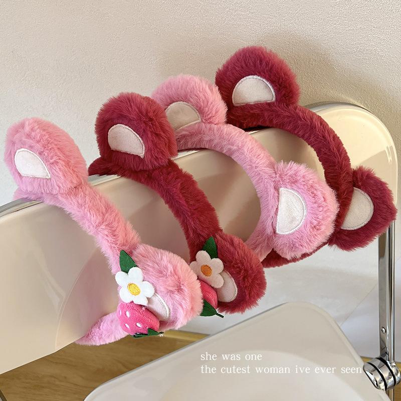 Strawberry Bear Plush Ears Headband Cartoon Face Wash Non-Slip Cute Headdress