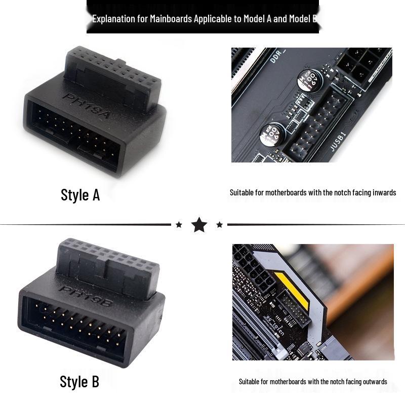 Motherboard USB 3.0 Right Angle Adapter, 19-Pin 90° Rear Cable Routing