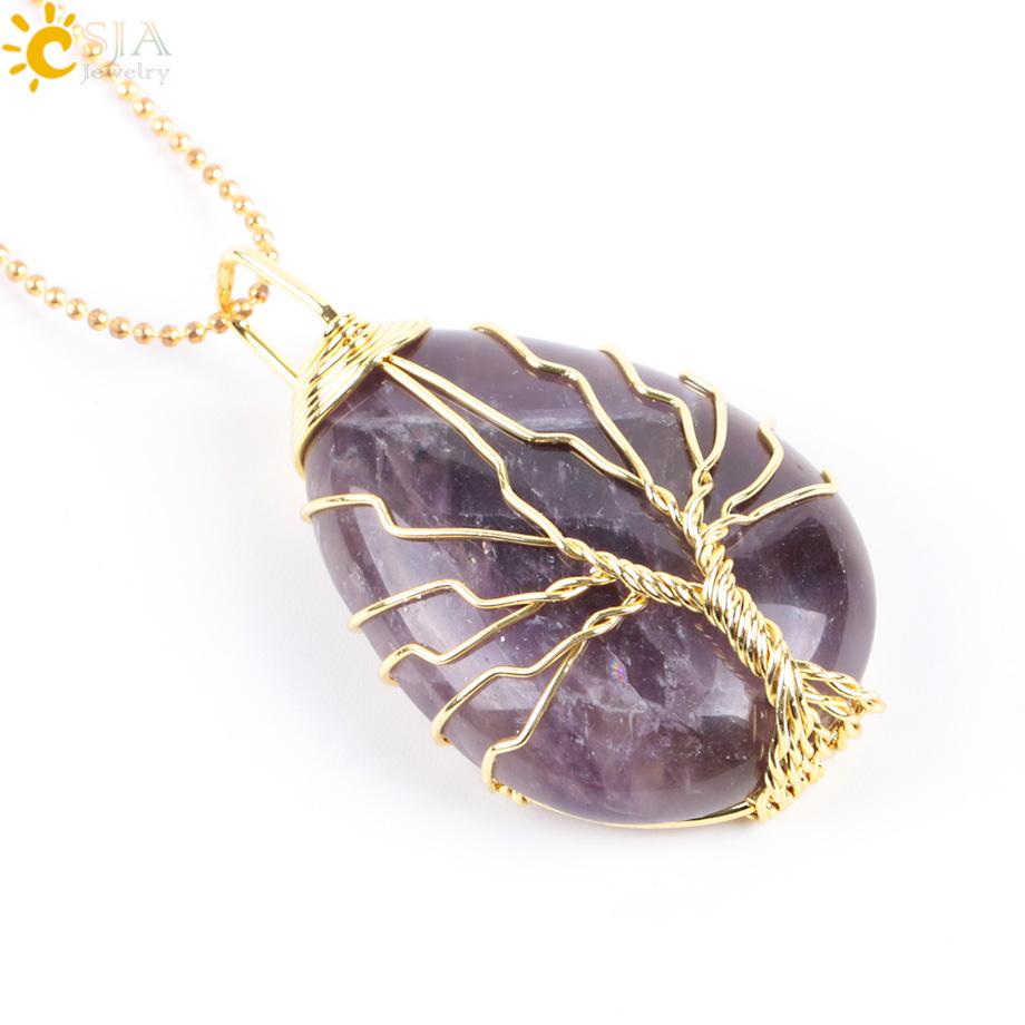 CSJA Tree of Life Crystals Necklace Pendant Water Drop Natural Stone Necklaces Wire Wrap Rose Amethysts Quartz Tiger Eye G953
