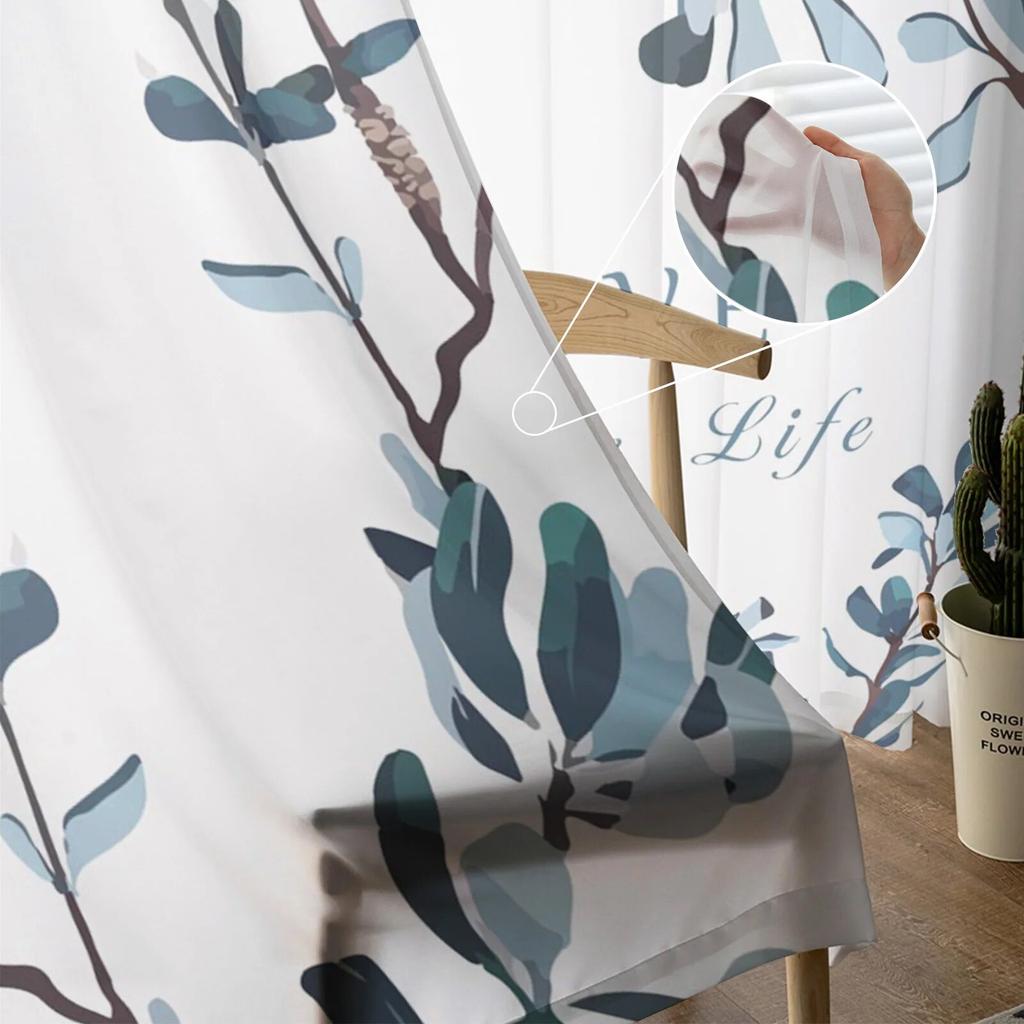 Flowers Blue Green Pattern Modern Printed Tulle Curtains for Bedroom Balcony Window Decor Creative Fashion Home Sheer Curtain