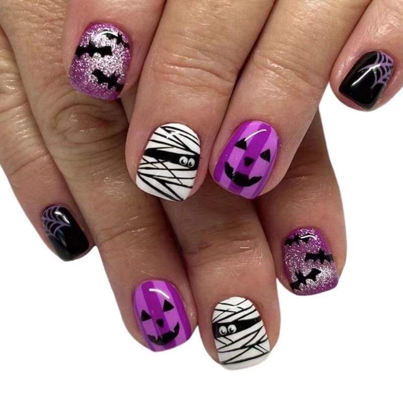 24 Pcs Full Cover Stick on Nails Short Square False Nails Halloween Artificial Nails Press On Nails Halloween Nails 1