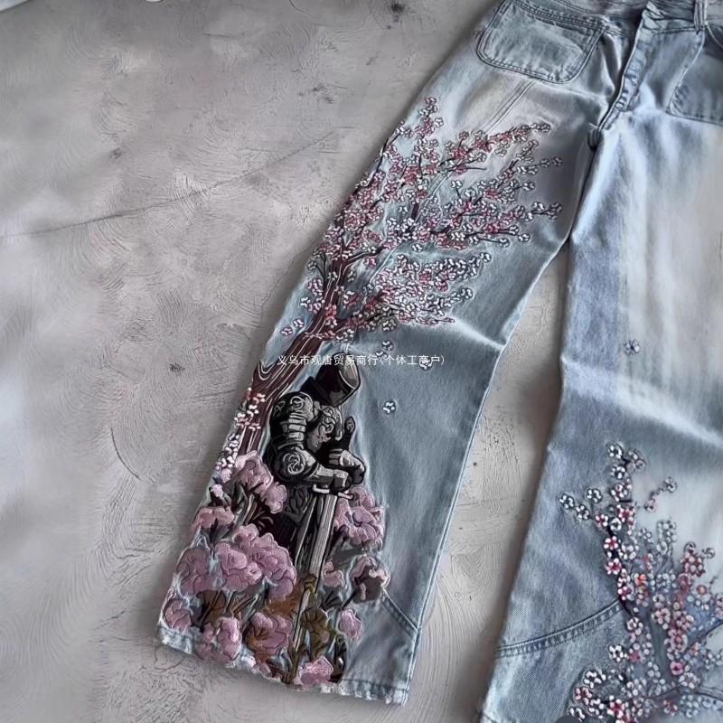 Y2K Vintage High-Waisted Wide-Leg Denim Jeans With Embroidered Floral Detail Streetwear Unisex Pants