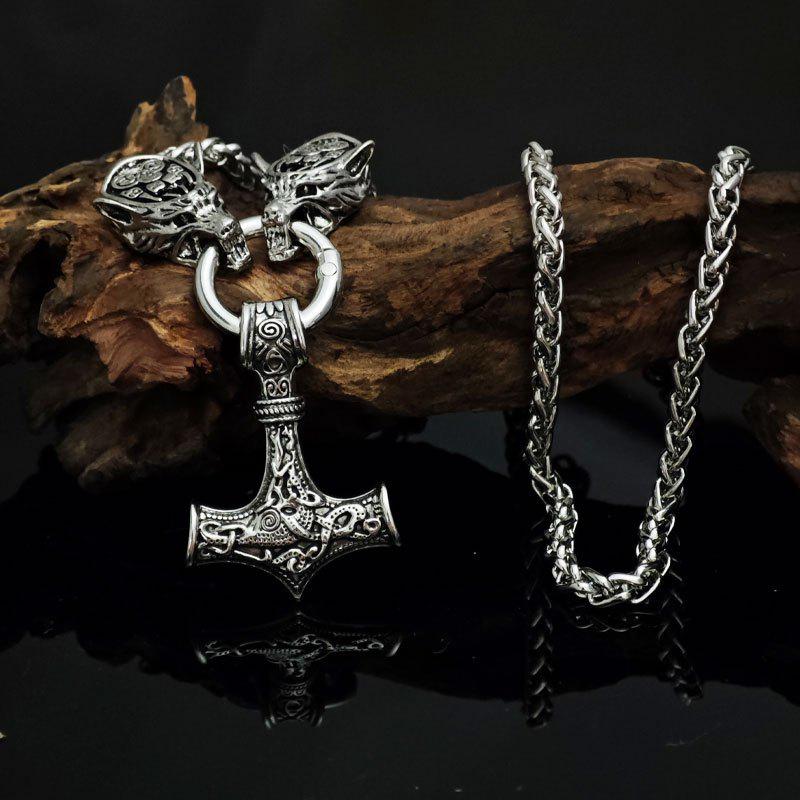 Pendentif marteau viking nordique avec tête de loup et collier runique griffe d'ours - Bijou amulette punk pour homme