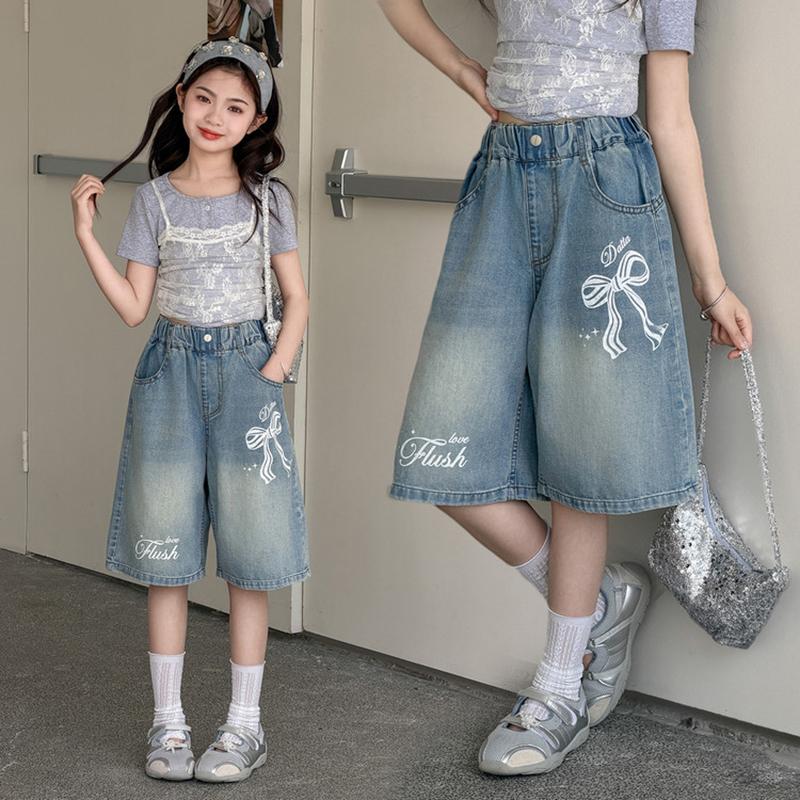 Ropa de Verano para Niños Pantalones Cortos de Mezclilla Adolescentes Niñas Estampado de Lazo Cintura Elástica Pierna Ancha Longitud Media Vaqueros Niños Casual Dulces Pantalones Cortos