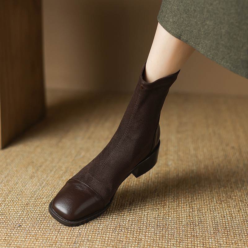 Krazing Pot Microfiber Flock Autumn Winter Shoes Thick Med Heels Size 43 Elastic Boots Stretch Patch Work Ankle Boots