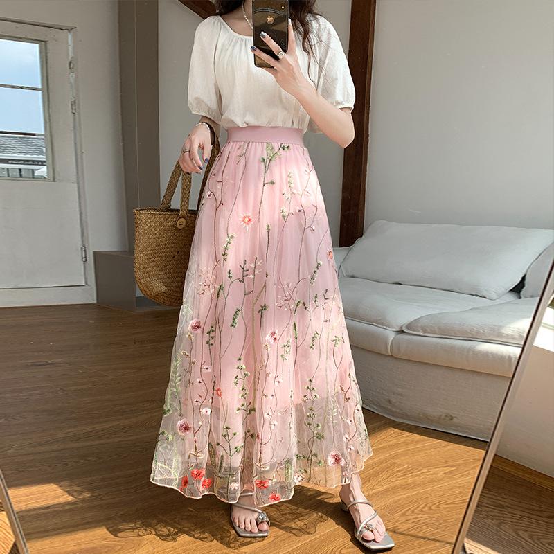 

Qooth French Chiffon Midi Skirt Heavy Lace Embroidery High Waist Fairy Slimming A Line Skirt QT2598 One Size розовый