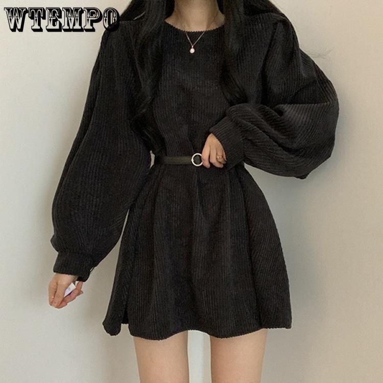 Women Temperament Pure Desire Wind Solid Color Lantern Sleeve A Line Dress Retro Design Sense Niche Long Sleeve Belt Corduroy Dresses