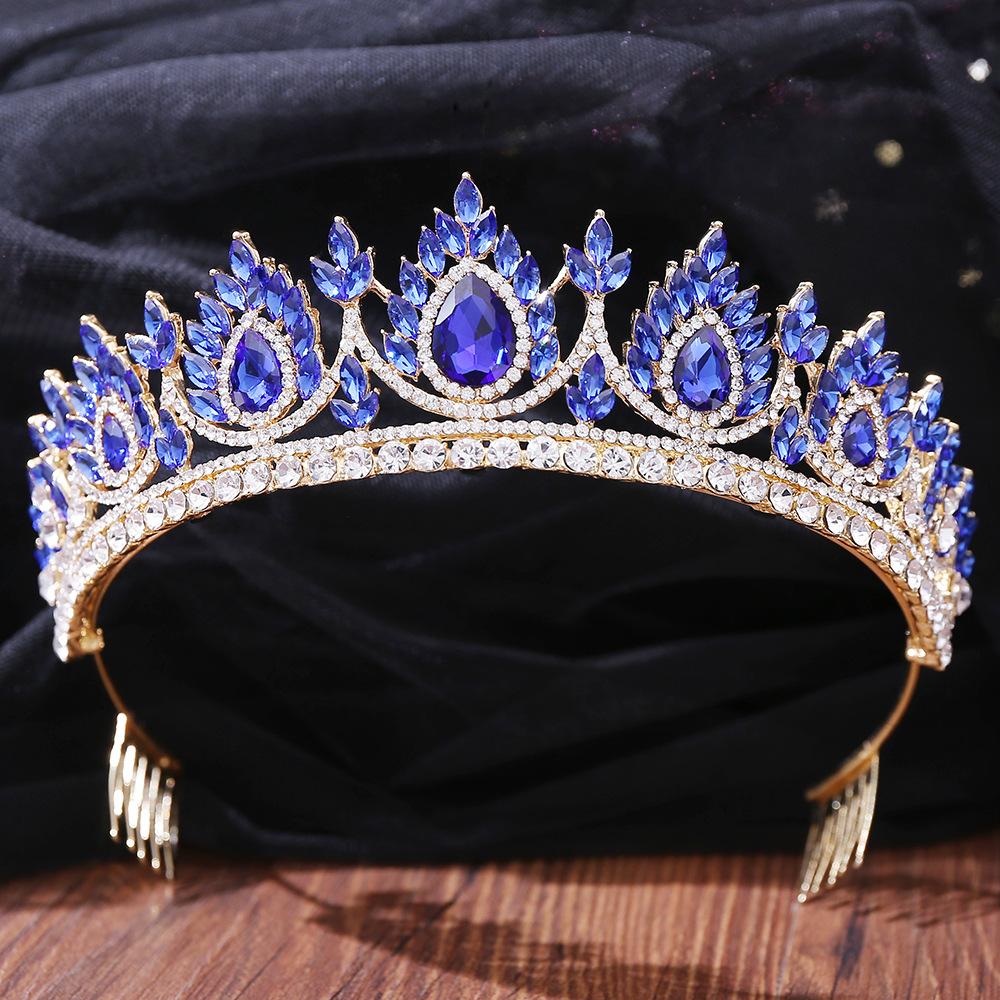 DIEZI Baroque Sweet Blue Crystal Crown Bride Tiara For Women Wedding Elegant Princess Headpiece Hair Zircon Punk Accessories