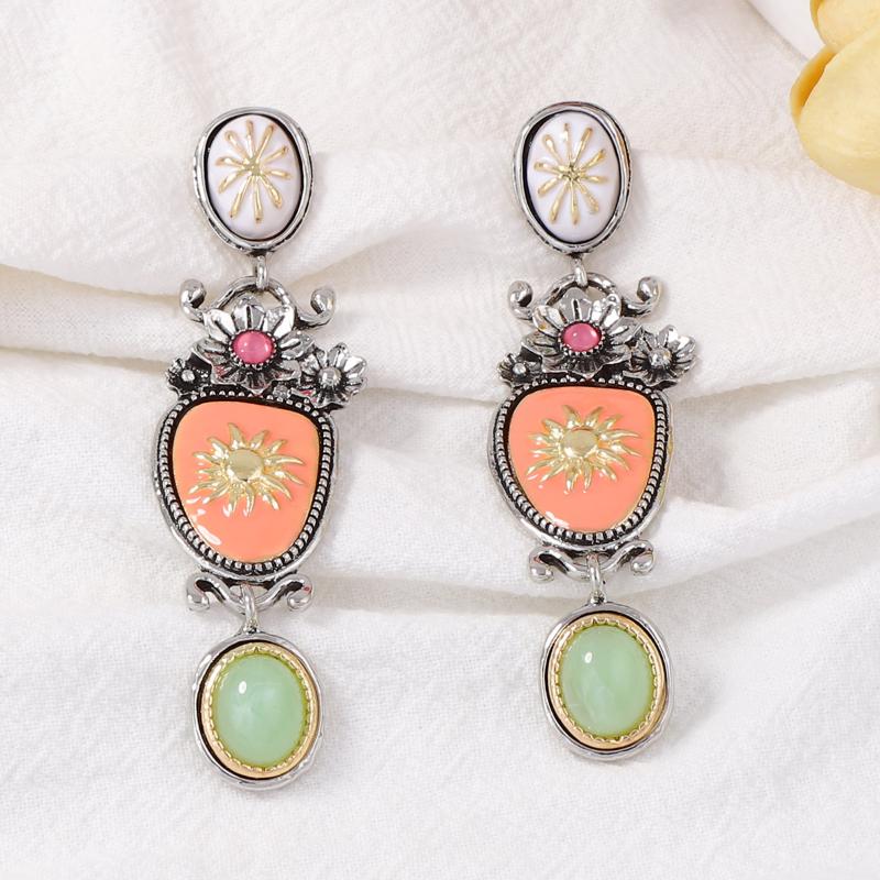 Vintage Exaggeration Alloy Drop Oil Flower Green Beads Dangle Earrings Bohemian Style Charm Holiday Party Jewelry Accessories
