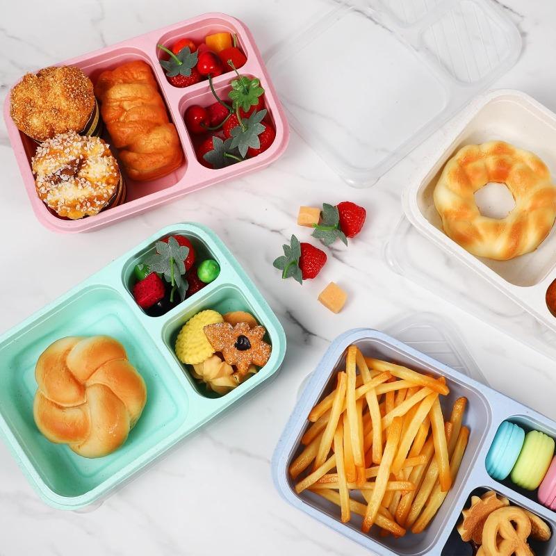 1pcs Lunch Box 3 Compartments Wheat Straw Rice Preparation Lunch Box with Transparent Plastic Cover Food Storage Container