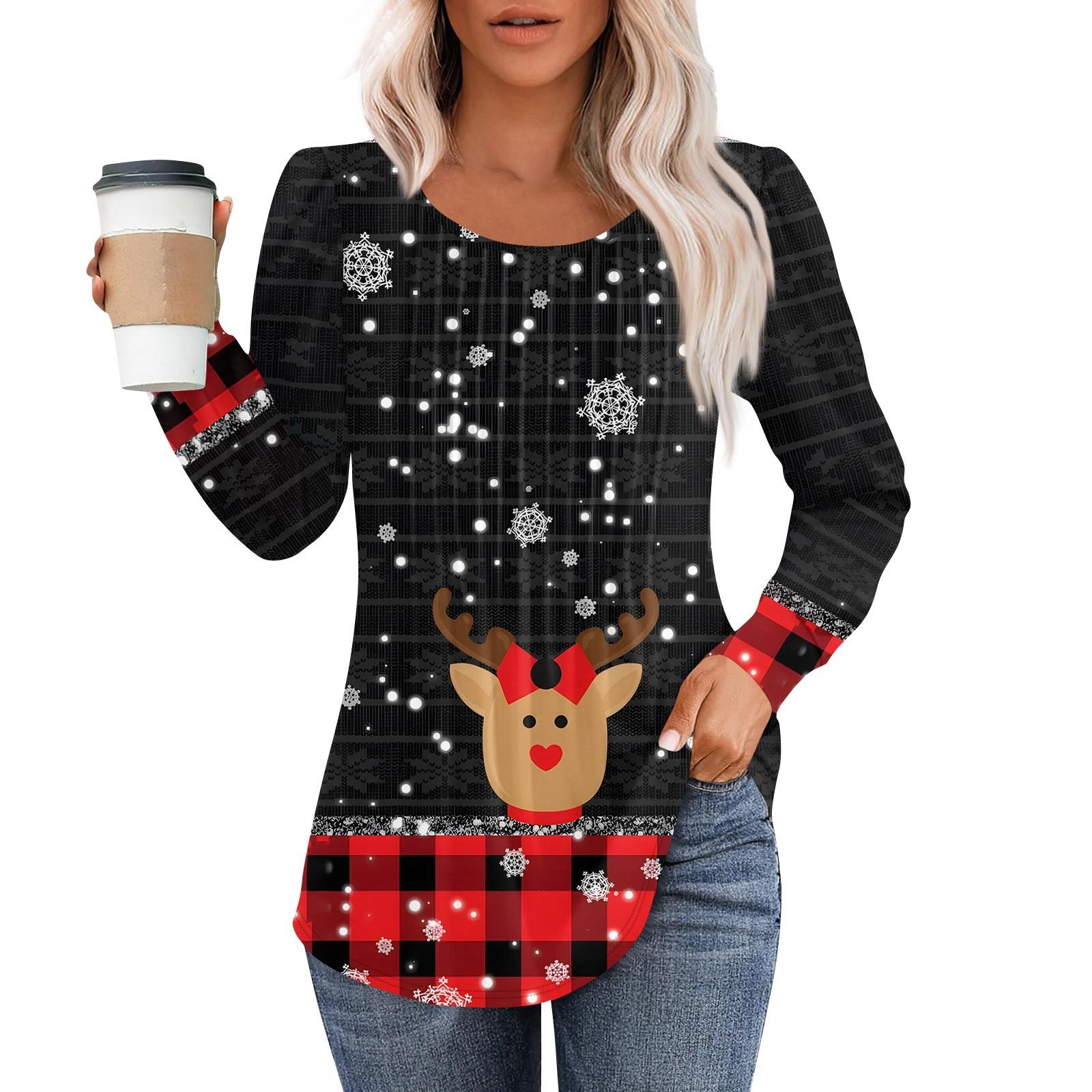 

Рубашки с длинным рукавом для женщин, топы, нарядные повседневные блузки с рождественским принтом, плиссированные туники с круглым вырезом XL