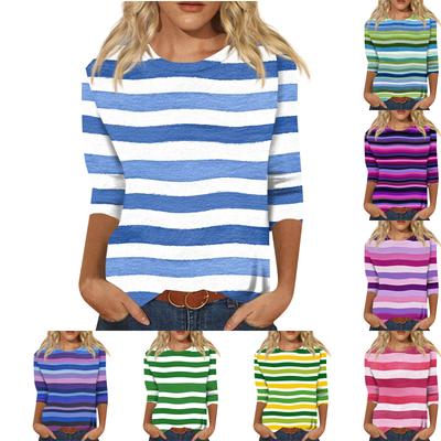Women's Fashionable Casual Round Neck Three-quarter Sleeve Striped Printed T-shirt Top