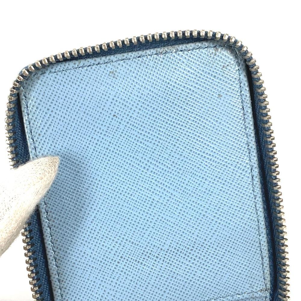 Prada With Strap Zip Around Logo 6 Keys Key Case Leather Blue