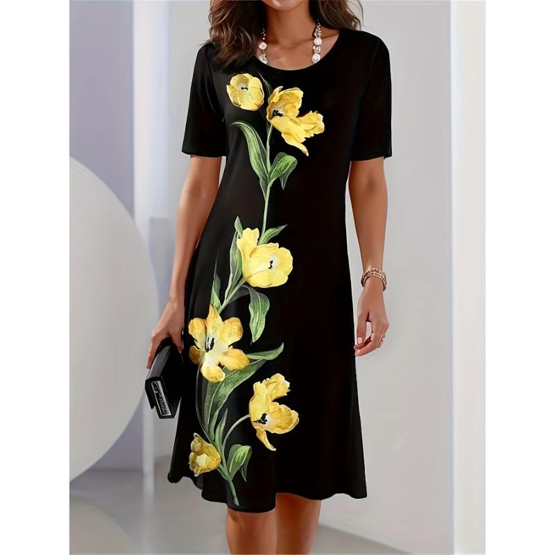 Plus Size, Plus Size Floral Digital Print Vacation Women's Round Neck Dress