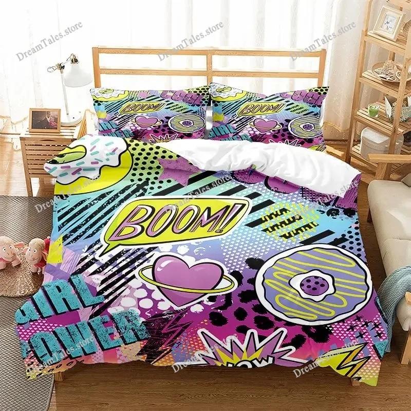 Graffiti Duvet Cover Set Cute Hip Hop Style Polyester Comforter Cover with Pillowcase Queen Full Size for Kid Teen Bedding Set