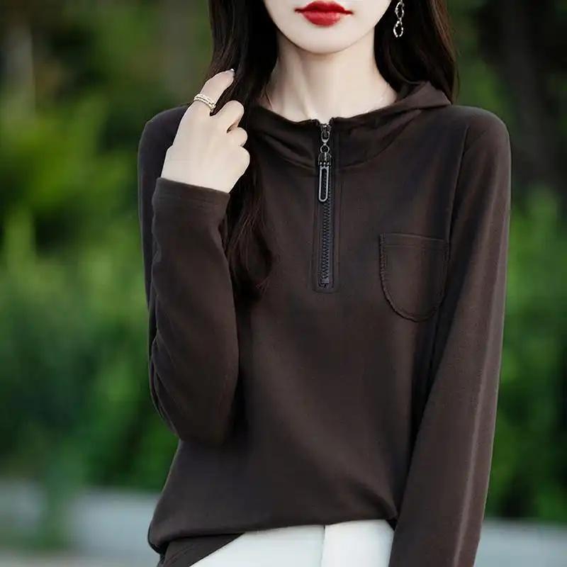 Women's Korean-Style Casual Half-Zip Hoodie Solid Color Pullover Plus velvet Long-Sleeve Hooded Sweatshirt