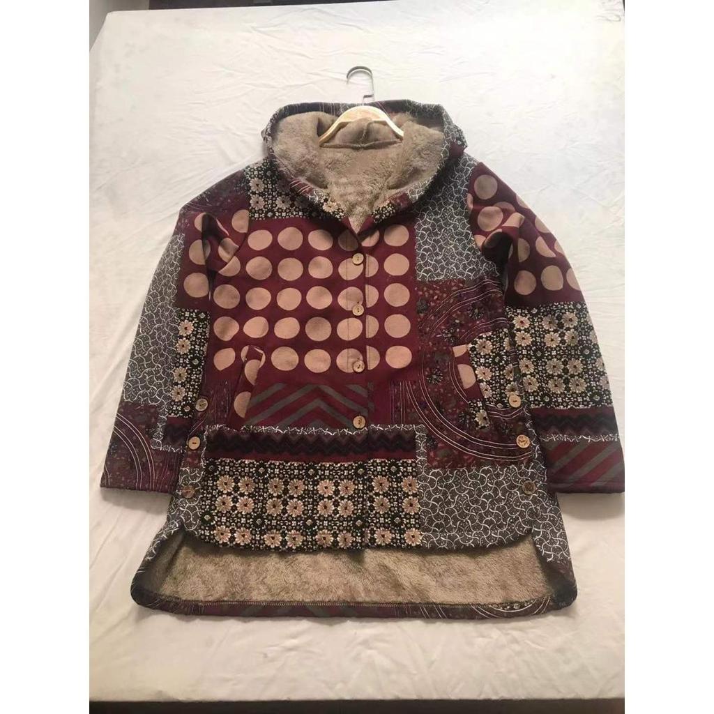 Winter New Women's Cotton Linen Printed Hoodie Warm Fleece Coat In Stock