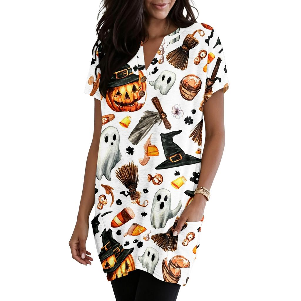 Women's Halloween V-Neck Short Sleeve T-Shirt with Pocket, Pullover Top, Printed Graphic Tee
