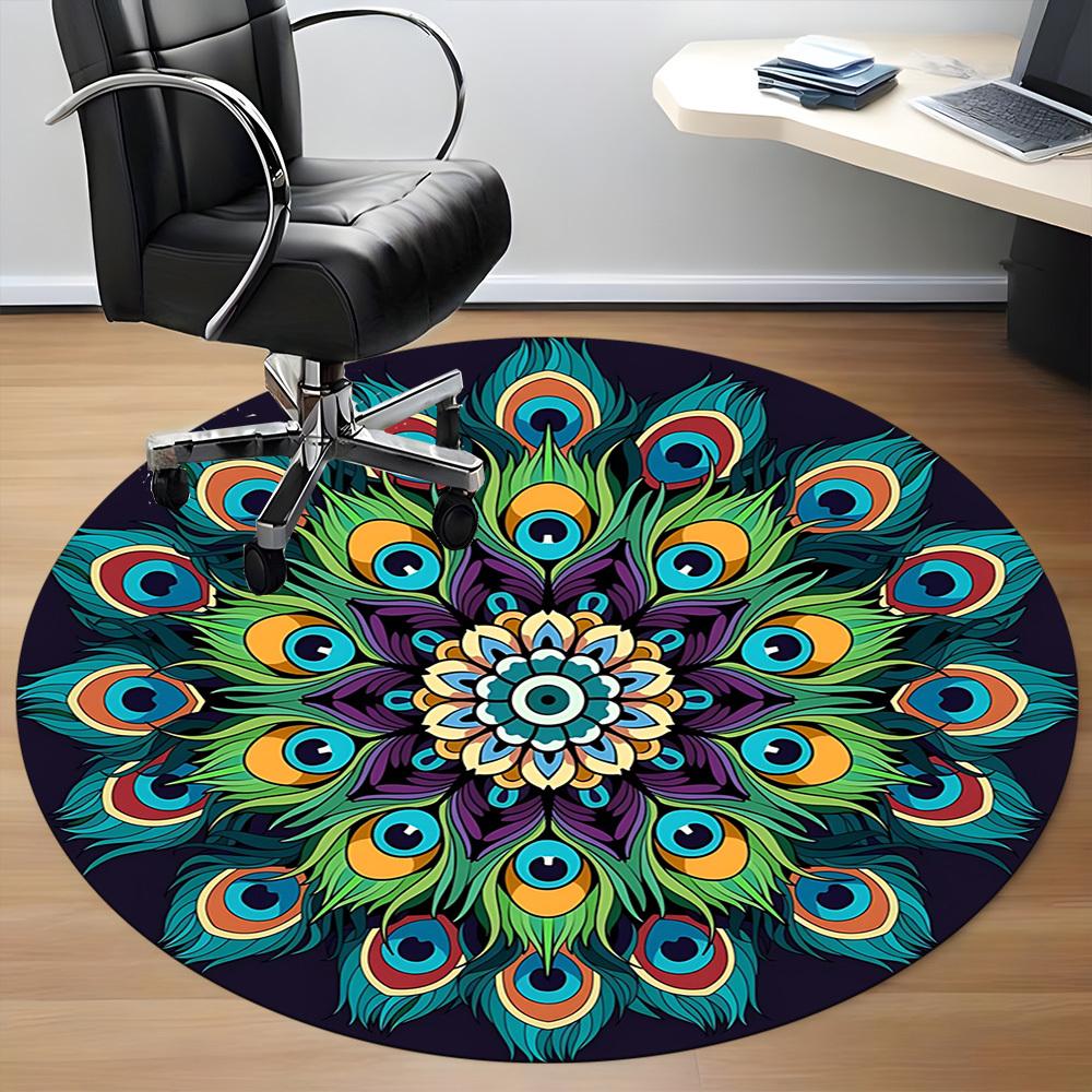 1PC Peacock Feather Mandala Office Round Rug, Non Slip, Soft and Durable Office Rug for Interior Decoration, Perfect for Office
