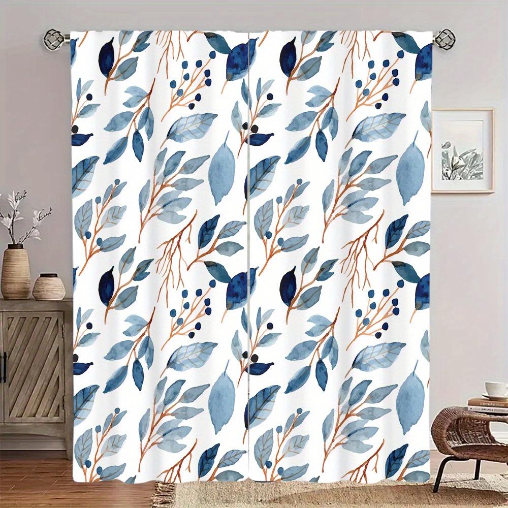 2Pc Blue And White Watercolor Leaf Pattern Curtains, Polyester Fabric, Machine Washable, Suitable For Bedroom And Living Room