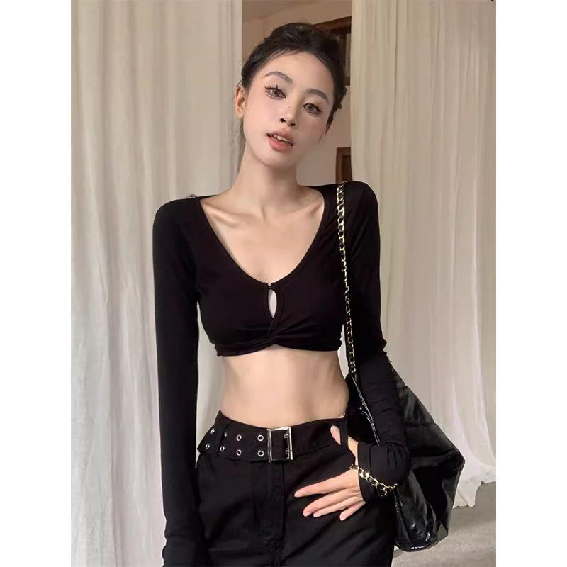 

European and American Sexy V-neck Midriff-Baring Jazz Dance Long Sleeves T-shirt Tops XS