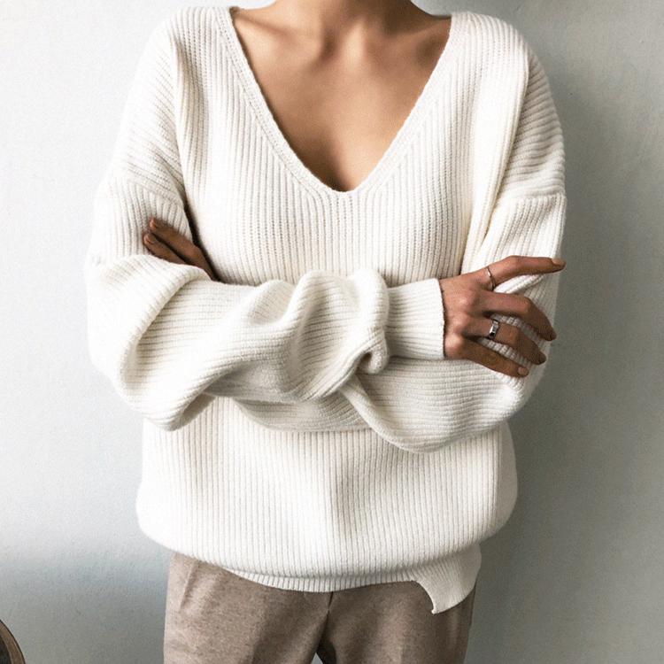 Herbst V-ausschnitt Minimalistischen Tops Übergroßen Koreanischen Unregelmäßigen Saum Gestrickte Chic Casual frauen Strickwaren Pullover