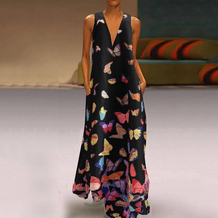 Summer Butterfly Print Bohemian Beach Dress V-Neck Sleeveless Long Dress Large Size Women's Clothing