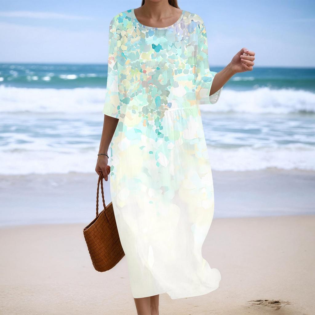Damen Modisches Bedrucktes Rundhals Siebenviertelärmel Lockeres Kleid