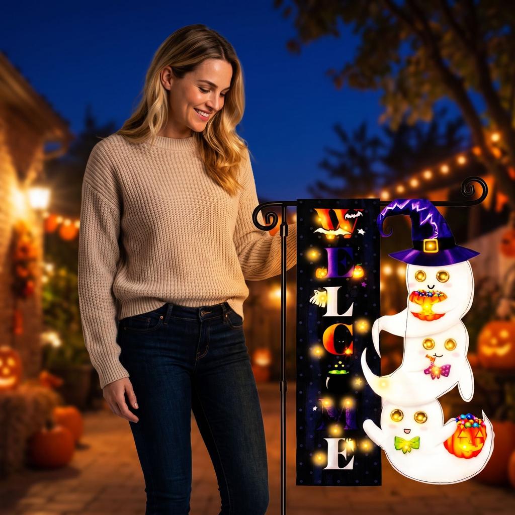 Halloween Glowing Garden Flag, Outdoor Yard Flag Double-Sided Print for Seasonal Decoration