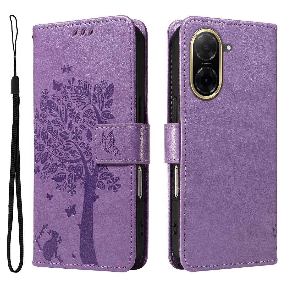 

For Xiaomi Redmi A5 NFC (EU) (173.45mm) Phone Case with Stand Cat Tree Pattern Leather Wallet Mobile Cover Light Purple