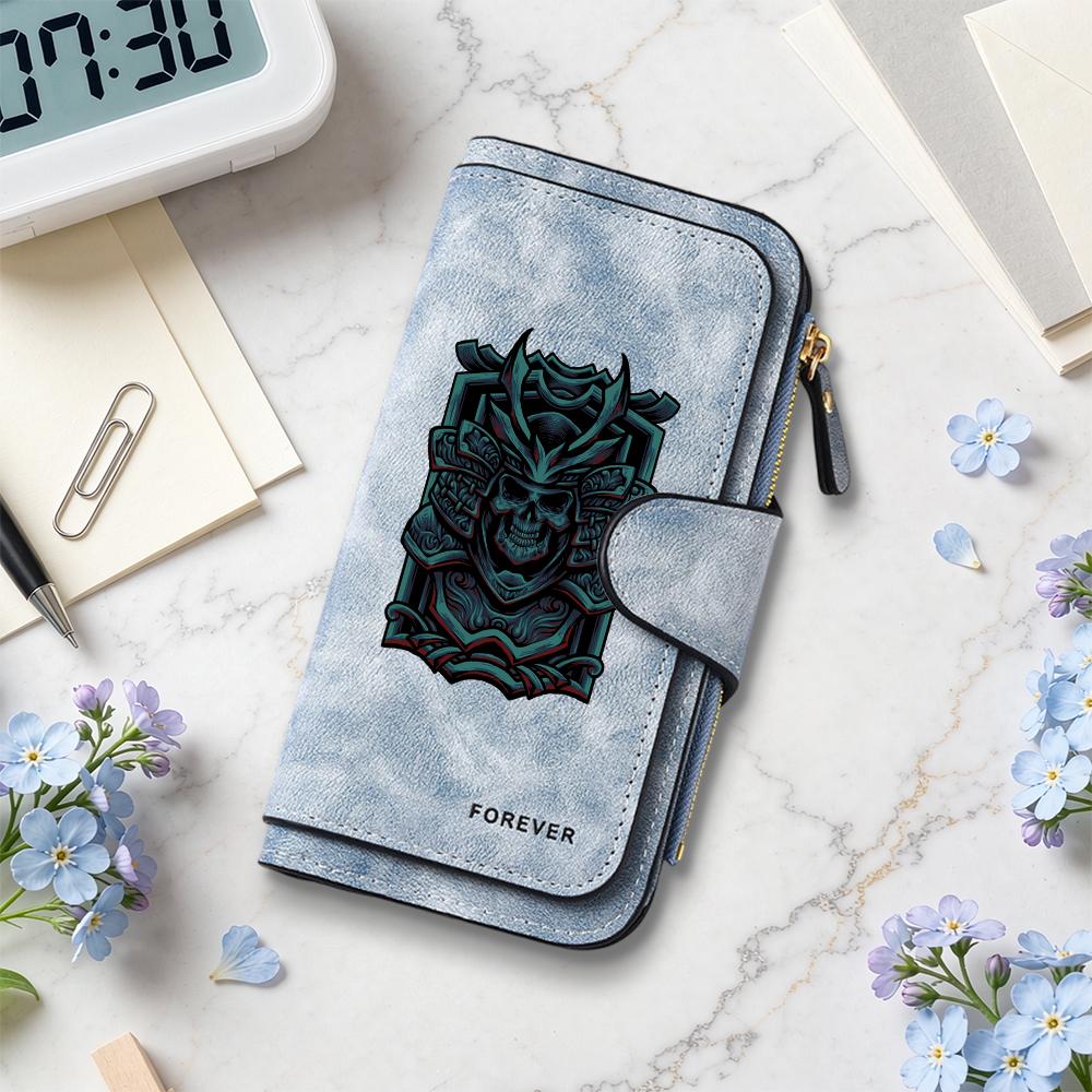 Cool Samurai Skull Print Long Wallet Fashion Casual Portable Card Holder Classic Stylish Daily Use Purse