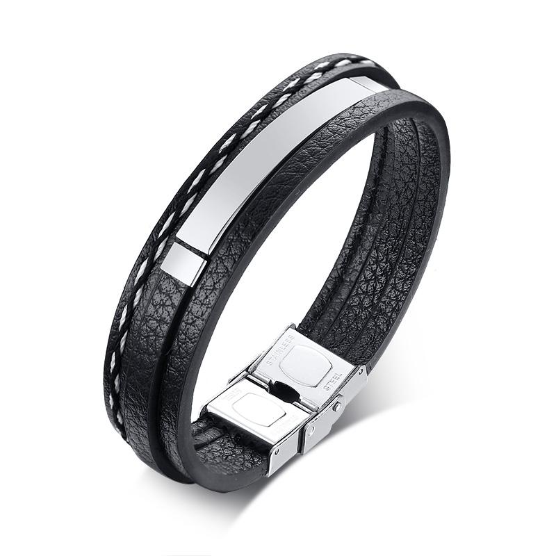 Vnox Bracelets Multi-couches en Cuir Personnalisés avec Logo Nom Citation pour Hommes Bracelet Identité en Acier Inoxydable Personnaliser Cadeau Papa Père