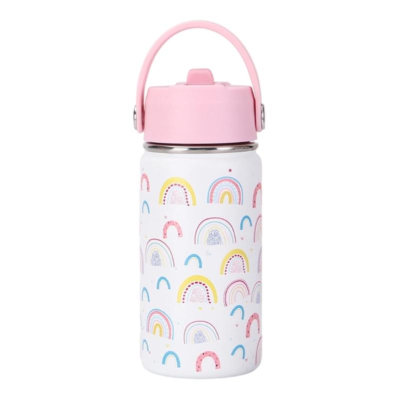 Wide Mouth Thermal Stainless Steel Water Cup Cartoon Handle Straw Tumblers Water Bottle for Outdoors