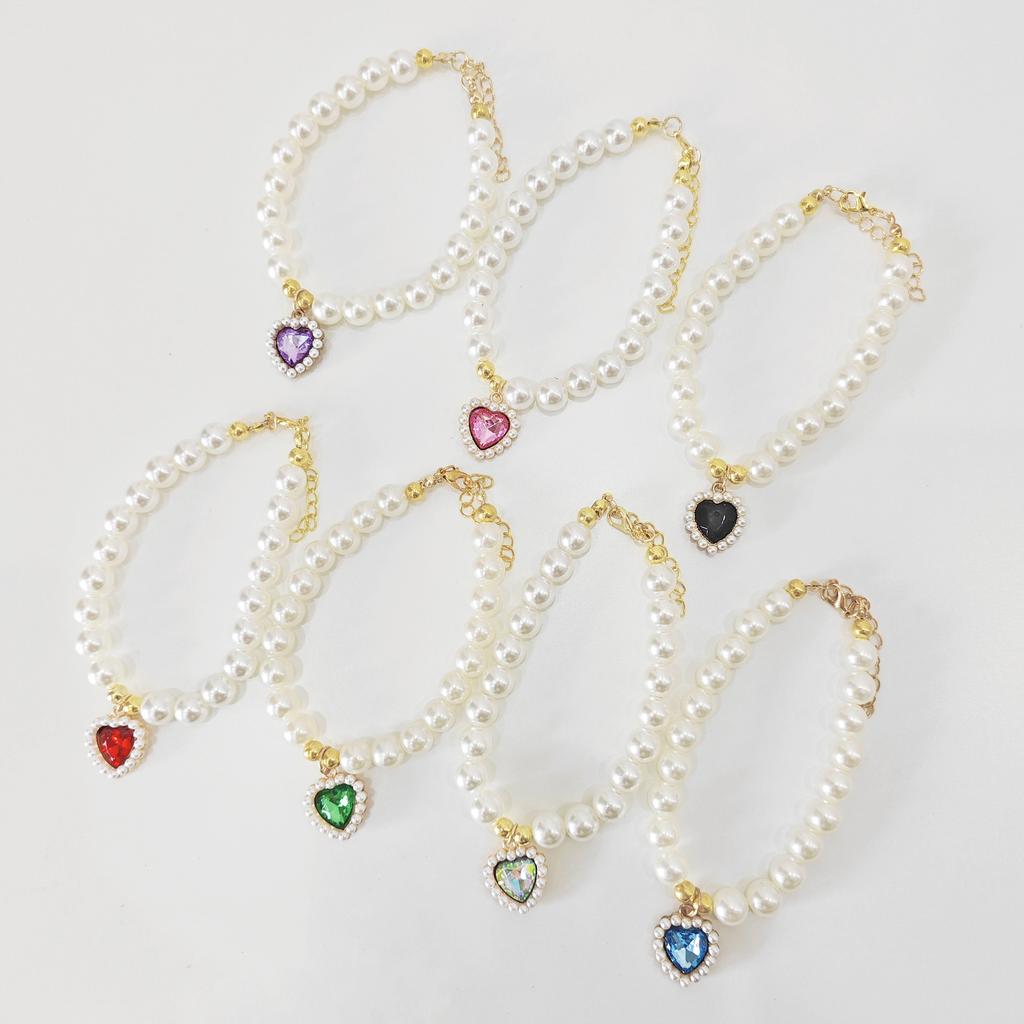 Cute Heart Gemstone Pearl Pet Collar, Adjustable Cat Dog Necklace, Elegant Decorative Pet Jewelry for Small Pets