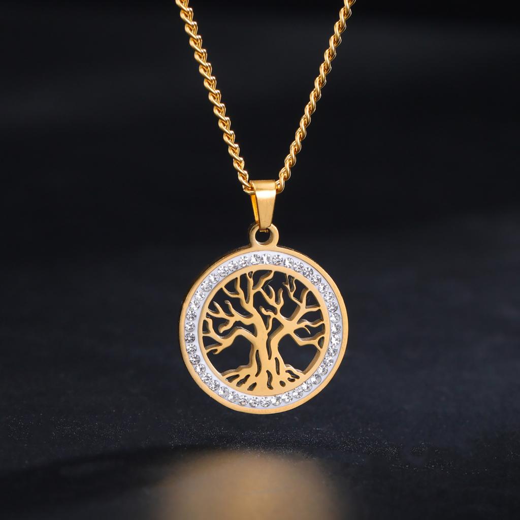 Lebensbaum-Halskette, modische Halskette aus Edelstahl, Lebensstammbaum, hohler Lebensbaum-Anhänger, Gold