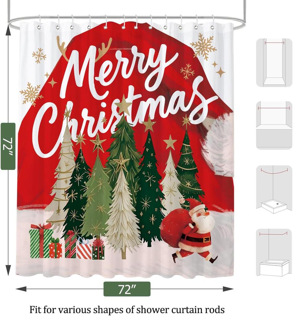 Merry Christmas Shower Curtain with Snowflake Tree Pattern, Waterproof Winter Holiday Bathroom Decor, Durable Washable Fabric