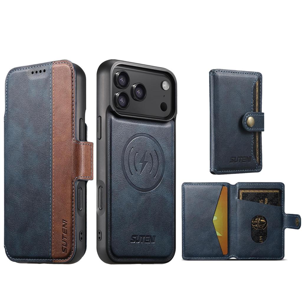 Magnetické kožené flipové pouzdro pro iPhone 17 Pro Max se slotem na karty a bezdrátovým nabíjecím stojánkem 3 v 1