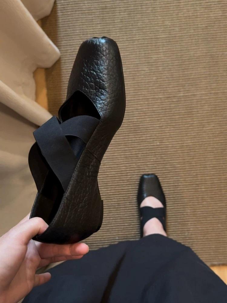 Sheepskin Version~ Minimalist Ballet Style Cross Belt Fashion Single Shoes Women's Leather Comfortable Soft Sole One Pedal Shallow Mouth Single Shoes