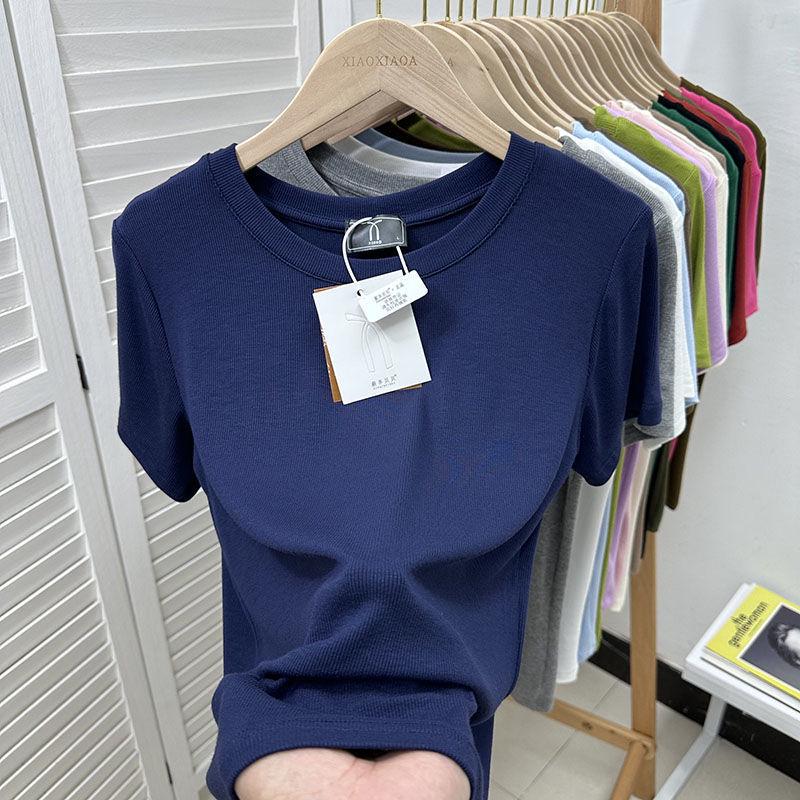 European Plus Size Ribbed Loose Short Sleeve T-shirt, Women's Green Base Layer Blouse