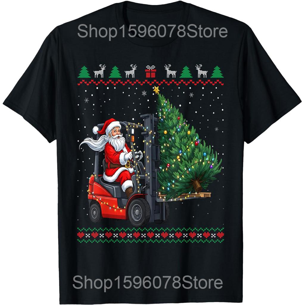 Forklift Lover Xmas Lighting Ugly Christmas T Shirts Men Cotton Humor Streetwear Tee Short Sleeve Unisex Loose Clothing