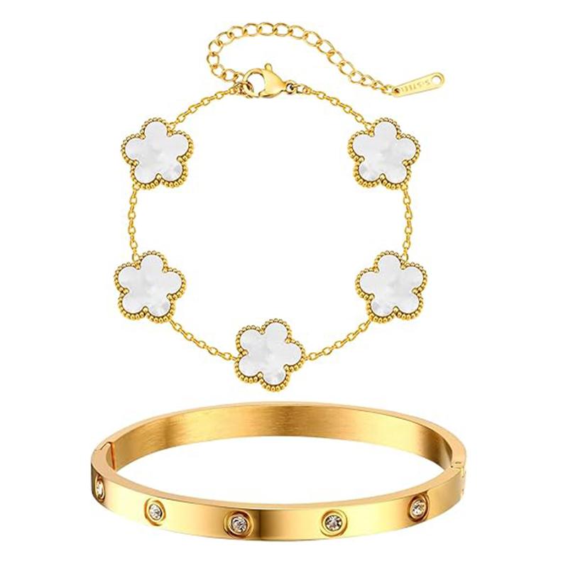 2PCS/set Stainless Steel Bracelet Clover Bracelets Woman Stacking 18K Gold Plated Tennis Bangle Fashion Jewelry Christmas Gifts