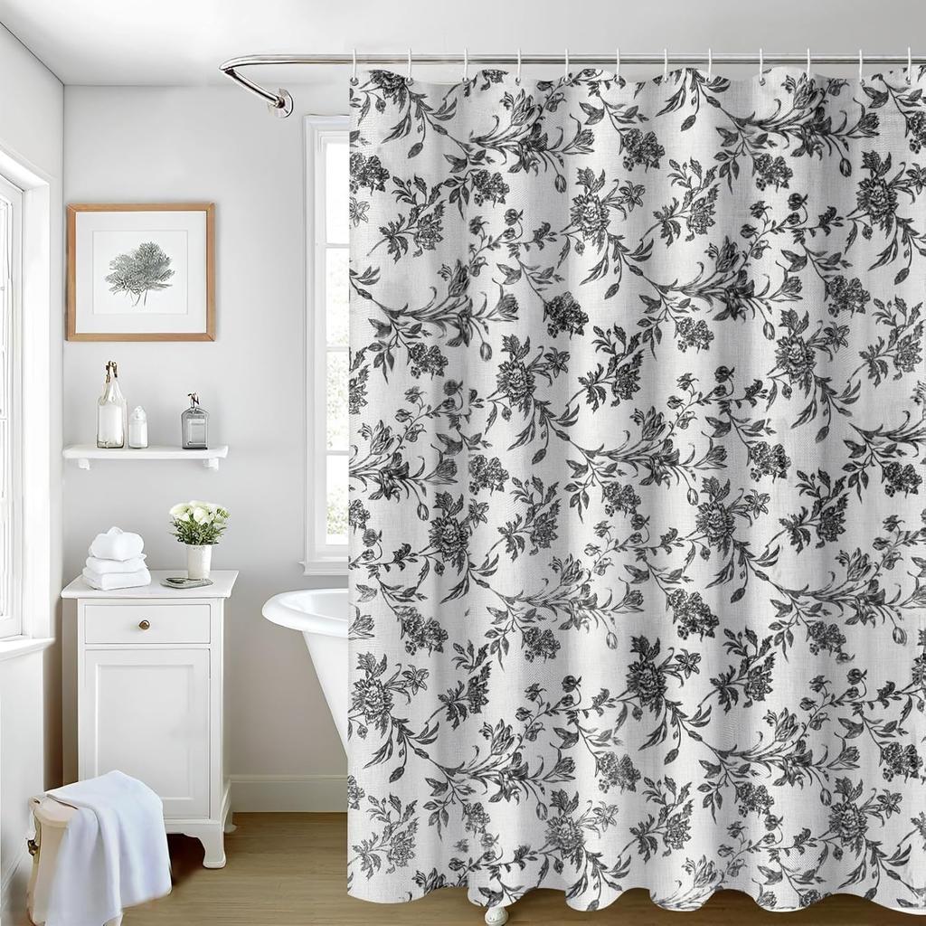 Blue Shower Curtain,Cotton Floral Cottagecore,Elegant Floral Fabric Shower Curtain Machine Washable Waterproof Bathroom Decor