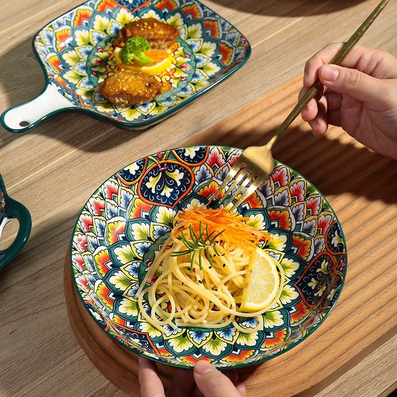 Keramikschale Haushalt Kreatives Geschirrset Große Suppenschüssel Nudelschüssel Reisschüssel Salatschüssel Retro-Teller Gemüseteller