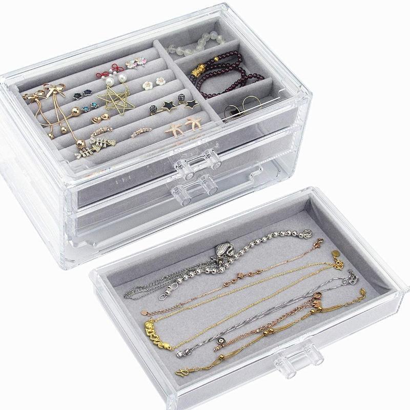 Transparent Jewelry Box Organizer Velvet Drawer Jewelry Boxes Storage Ring Necklace Bracelet Earrings Display Stand Accessories