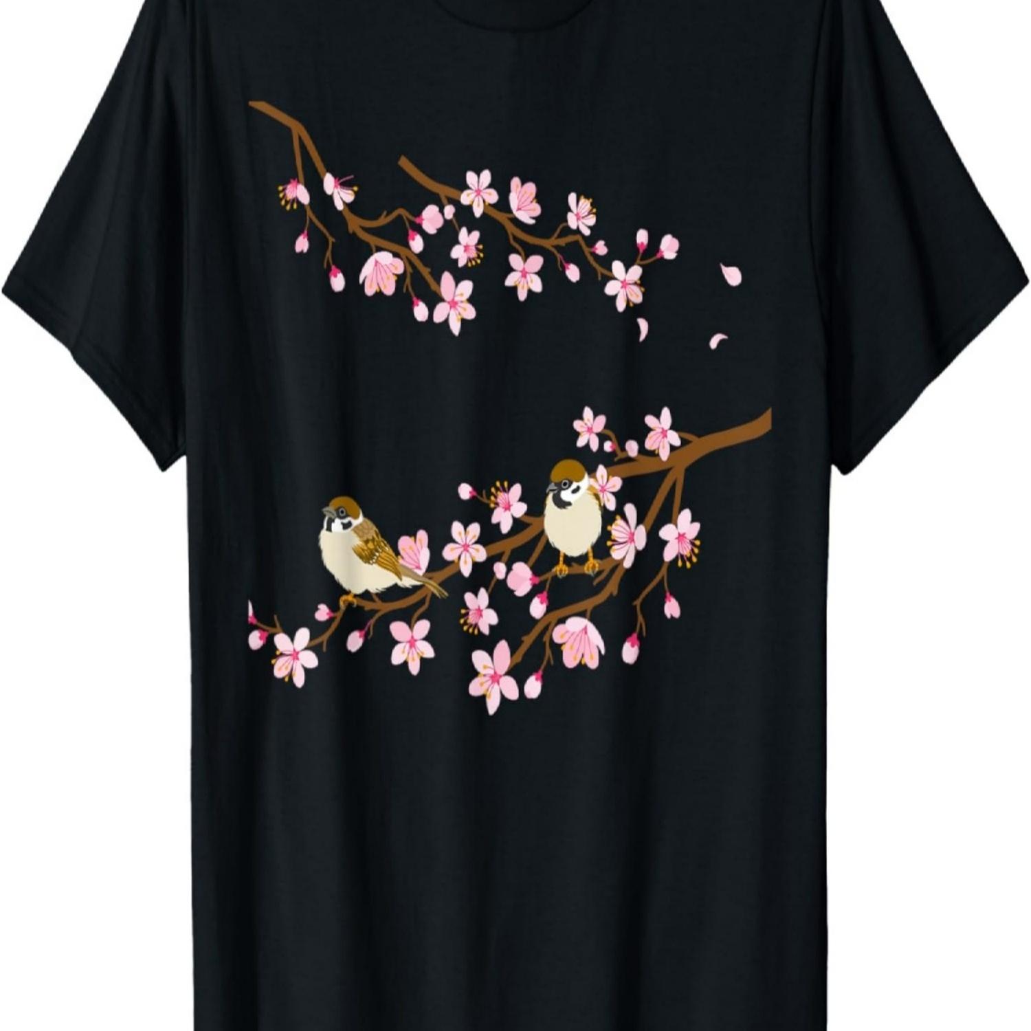 Two small sparrows perched on a  cherry blossom T-Shirt S