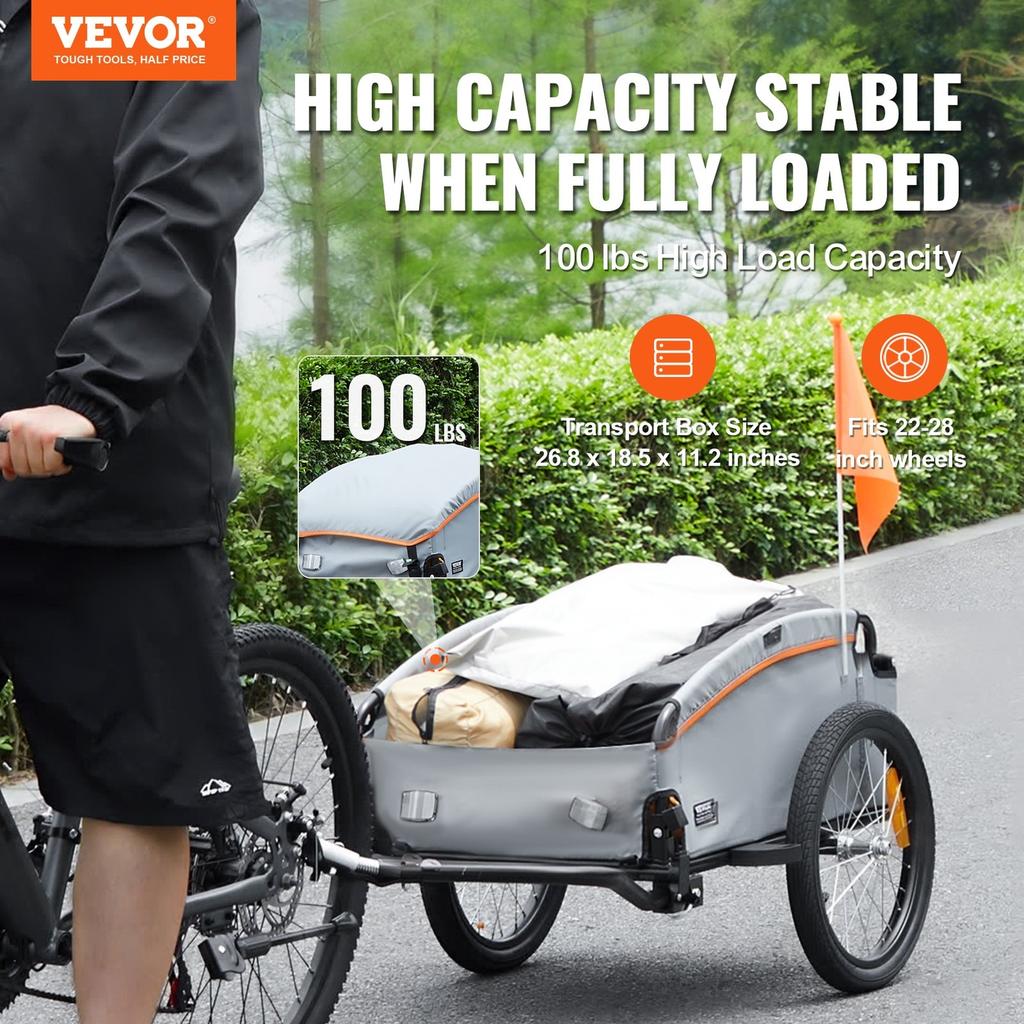 Carrello Portapacchi per Bicicletta, Capacità di Carico 100 libbre, Carrello Robusto per Bicicletta, Pieghevole per Conservazione Compatta con Gancio Universale, Copertura Impermeabile, Ruote da 16 pollici,