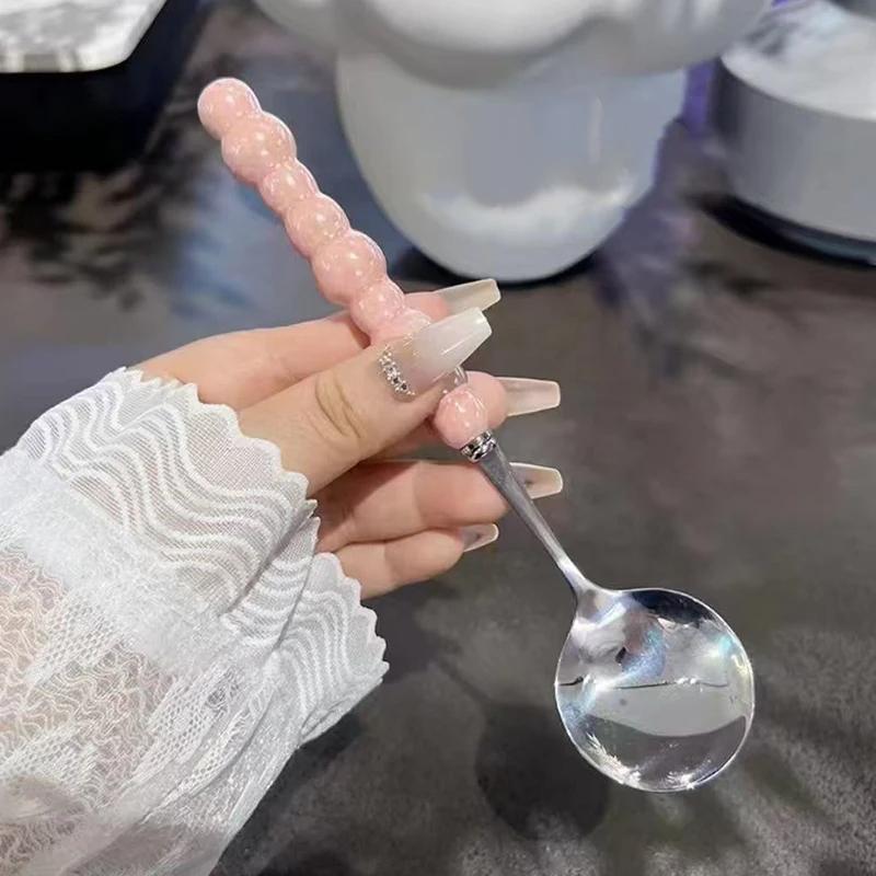 Stainless Steel Round Spoon Net Red Golden Dinner Long Handle Stirring Dessert Spoons for Kitchen Accessories Gadgets