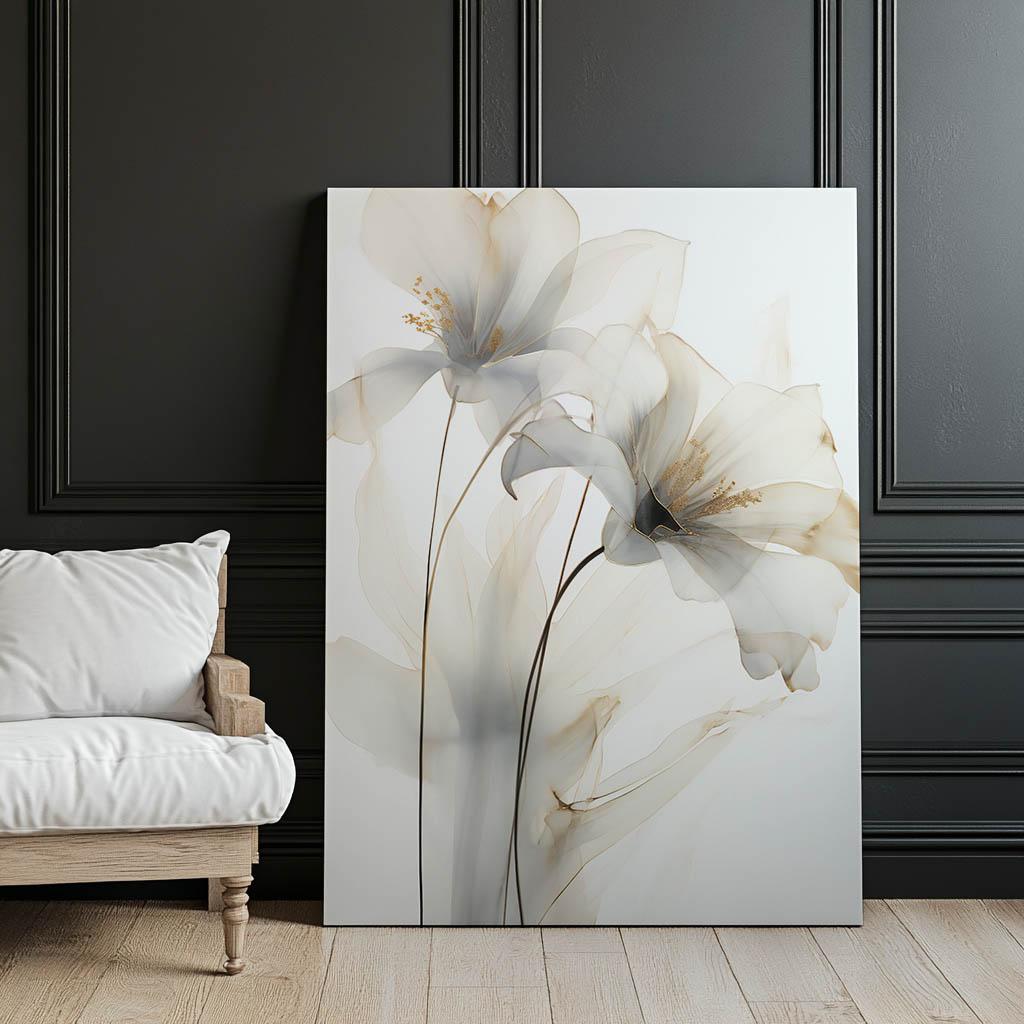 Białe Lilie Ze Złotym Blaskiem Białe Lilie Ze Złotym Blaskiem, 30X40 Cm, Rama Aluminiowa Czarna, Papier Matowy 230 Gsm