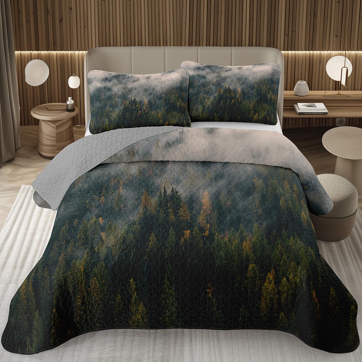 

Comforter Misty Forest Queen/Twin Size Pine Tree Mountain Set Reversible Nature Woodland Fog View Quilted Bedding Set Comforter (quilt)-EU Single(135*200cm)3pcs
